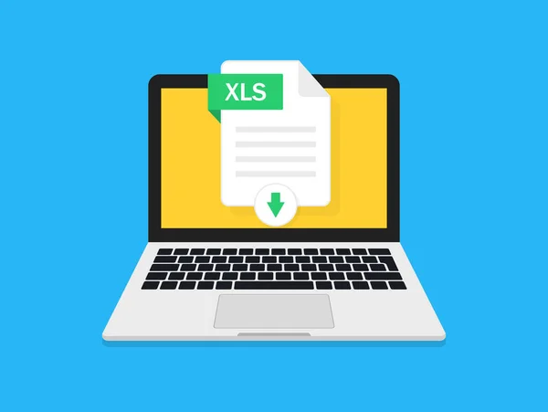 Excelファイルのダウンロード ラップトップでXlsシートのダウンロード エクスポートまたはインポートデータのスプレッドシートのアイコン オフィスやコンピュータのための文書 Xlsxのアップロードボタン ファイルのオンラインダウンロードと開きます ベクトル — ストックベクタ