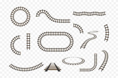 Rail track. Railway for train. Line of road for subway, tram and train. Icon of railroad for toy. Set of curve and straight perspective railways for logistics, metro, locomotive. Top view. Vector. clipart