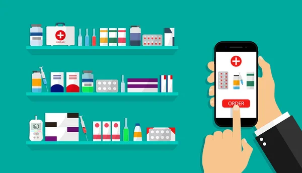 Online Apotheek App Levering Van Geneesmiddelen Uit Medische Winkel Handtelefoon — Stockvector