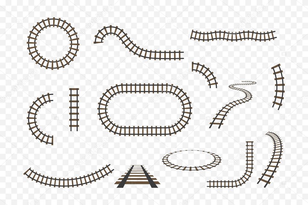 Rail track. Railway for train. Line of road for subway, tram and train. Icon of railroad for toy. Set of curve and straight perspective railways for logistics, metro, locomotive. Top view. Vector.