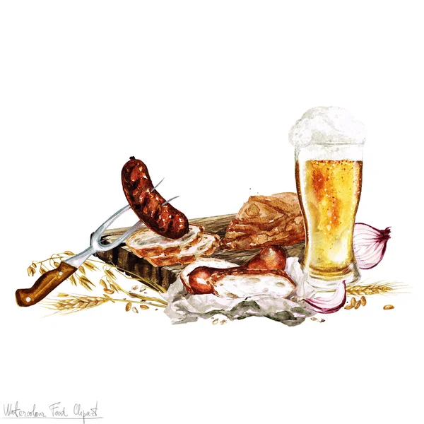 水彩的食物-啤酒和小吃 — 图库照片