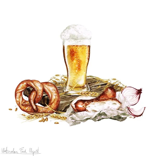Akvarell mat - öl och Snacks — Stockfoto