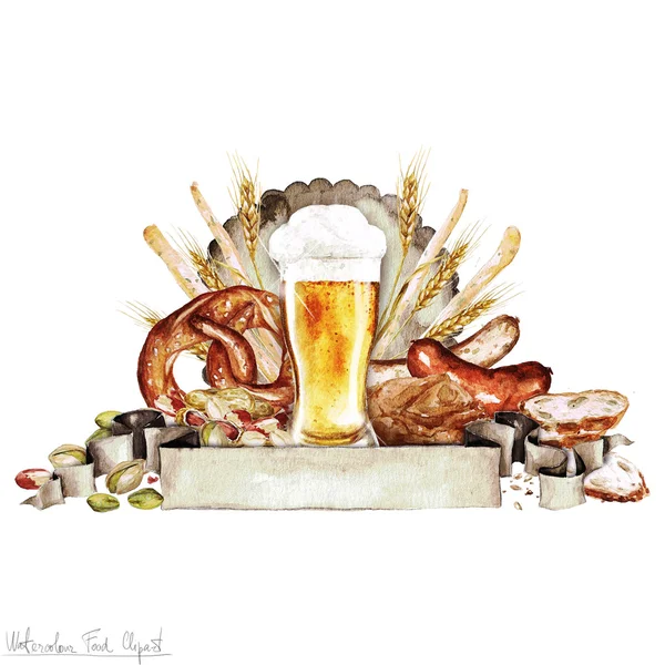 Watercolor Food - Beer and Snacks — Stock Photo, Image