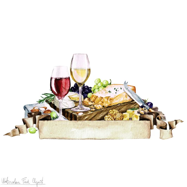 Acuarela Alimentos - Junta de queso y vino — Foto de Stock