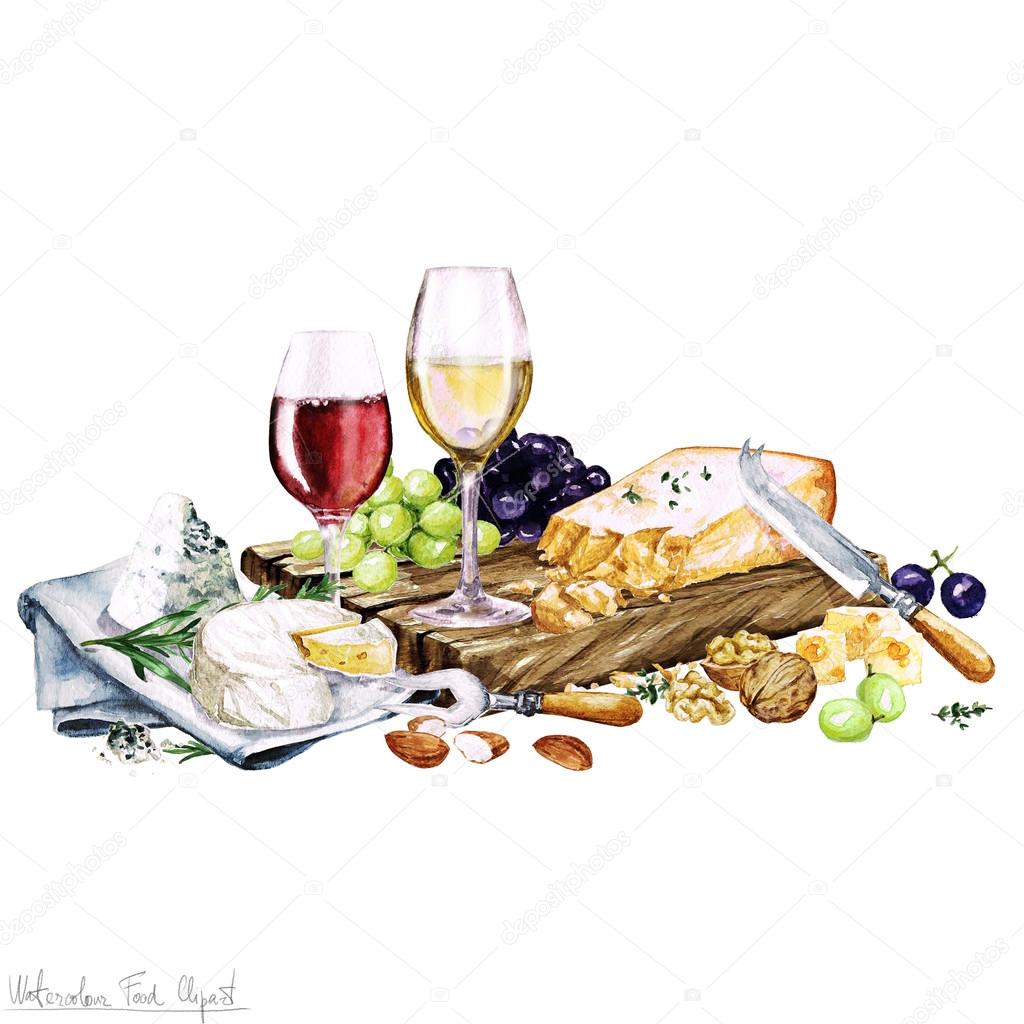 Watercolor Food - Cheese Board and Wine