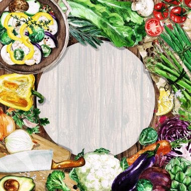 Metin - sebze yemek için yer ile suluboya arka plan