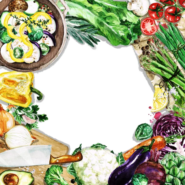 Akvarell bakgrunden med utrymme för text - matlagning grönsaker — Stockfoto