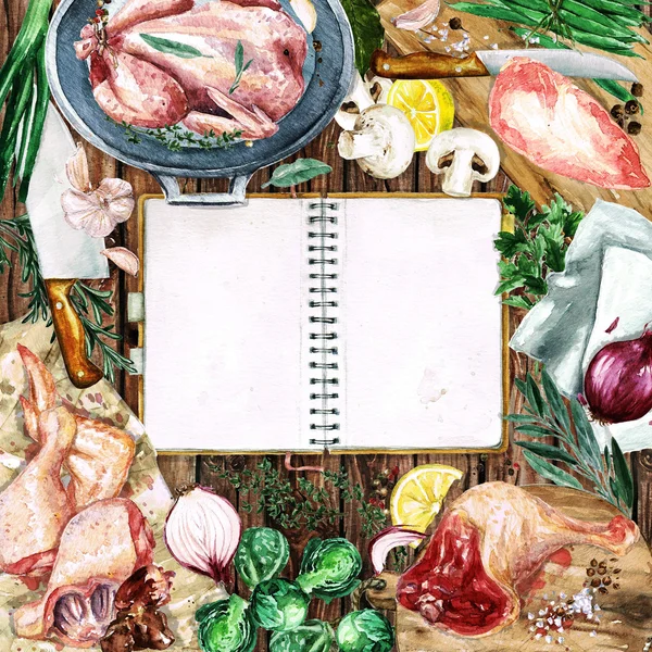 Akvarell bakgrunden med utrymme för text - matlagning kyckling — Stockfoto