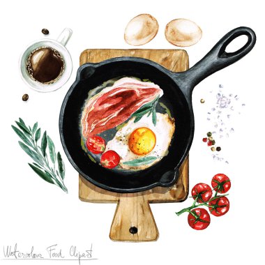Suluboya gıda Clipart - bir kızartma tavası pastırma ve yumurta