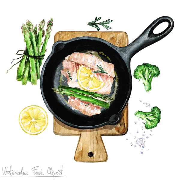 Akvarell élelmiszer Clipart - hal egy serpenyőben — Stock Fotó