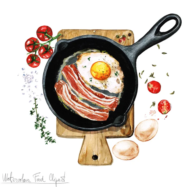 Watercolor Food Clipart - Telur dan daging asap di atas wajan — Stok Foto