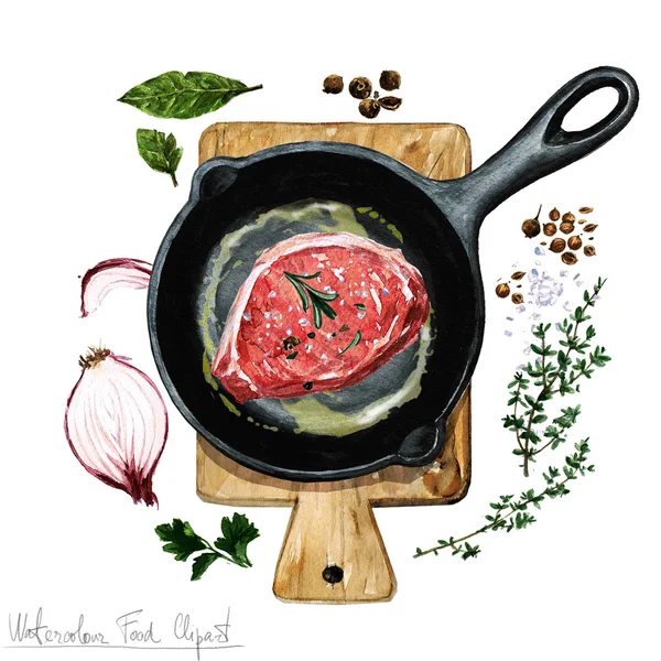 Watercolor Food Clipart - Pork chop on a frying pan — Stock Photo, Image