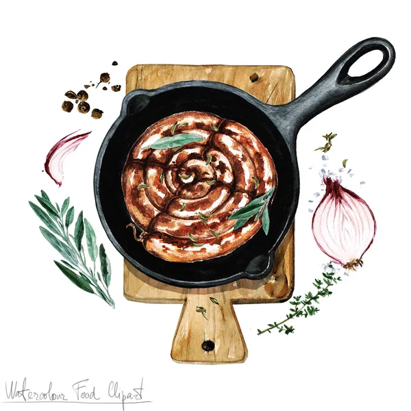 水彩食品剪贴画-一个煎锅香肠 — 图库照片