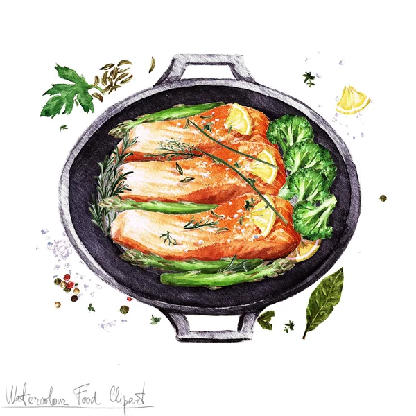 Clipart de comida aquarela - Salmão em uma panela de cozinha — Fotografia de Stock