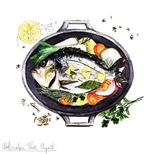 Clipart de comida aquarela - Peixe em uma panela de cozinhar — Fotografia de Stock