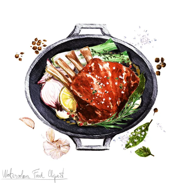 Watercolor Food Clipart - Ribs in a cooking pot — Stock Photo, Image