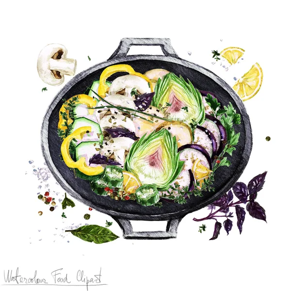 Clipart alimentaire aquarelle - Légumes dans une casserole — Photo