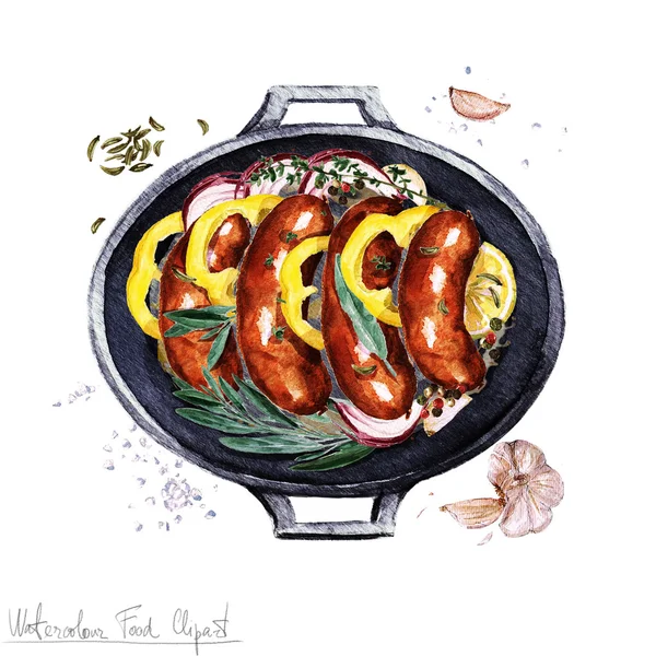 Watercolor Food Clipart - Sosis casserole dalam panci masak — Stok Foto