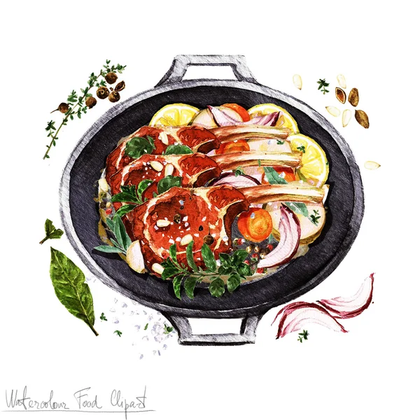 Clipart de comida aquarela - Costelas em uma panela de cozinha — Fotografia de Stock