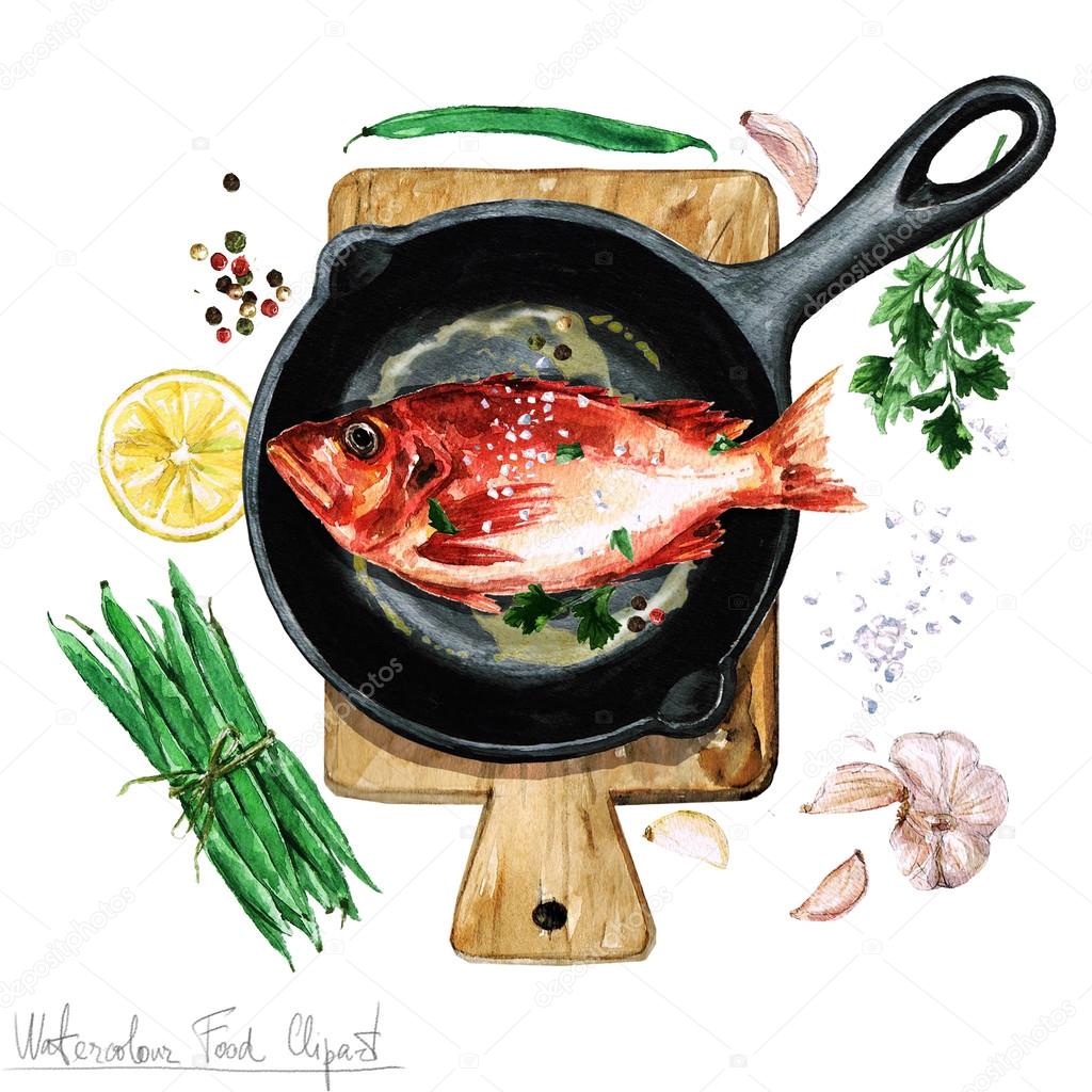 Watercolor Food Clipart - Fish on a frying pan Stock Photo by ©nataliahubbert 102100764