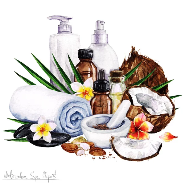 Akvarel Clipart lázně - Spa a kosmetických výrobků a prvků — Stock fotografie