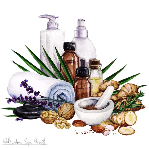 Aquarell Spa Clipart - Kollektion von Wellness- und Schönheitsprodukten und -elementen — Stockfoto