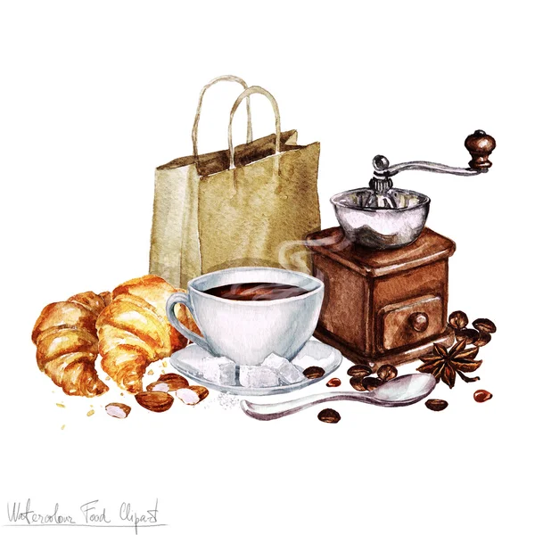 Akvarell mat Clipart - kaffe och Croissant — Stockfoto