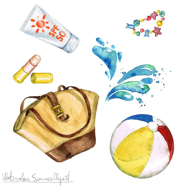 Clipart de verano de acuarela - Bolsa, protector solar, pelota de playa . —  Fotos de Stock