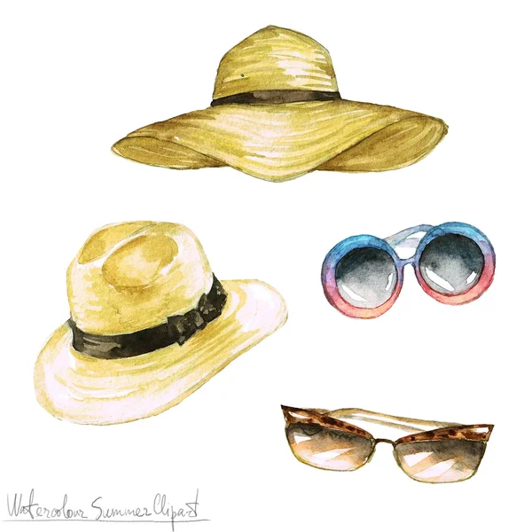 Akwarela Clipart lato - kapelusze i odcienie — Zdjęcie stockowe