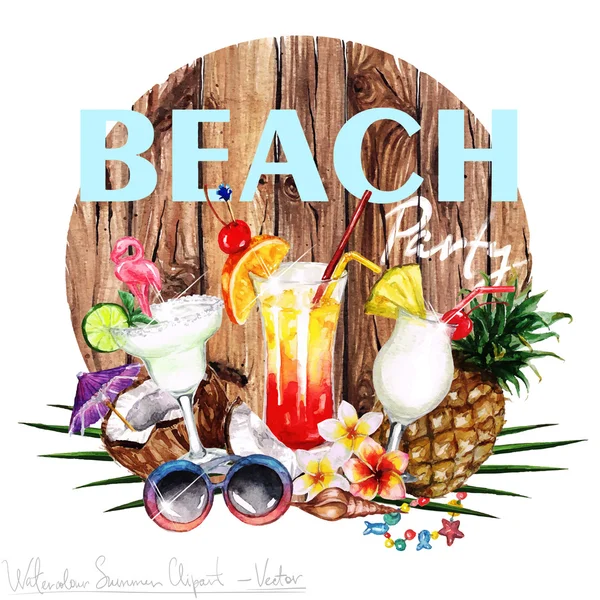 Summer Beach Party Vector Acquerello Clipart — Vettoriale Stock