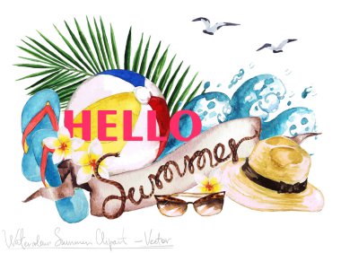 Merhaba Summer - vektör suluboya Clipart 