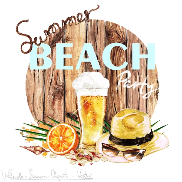 夏季海滩聚会-矢量水彩剪贴画 — 图库矢量图片