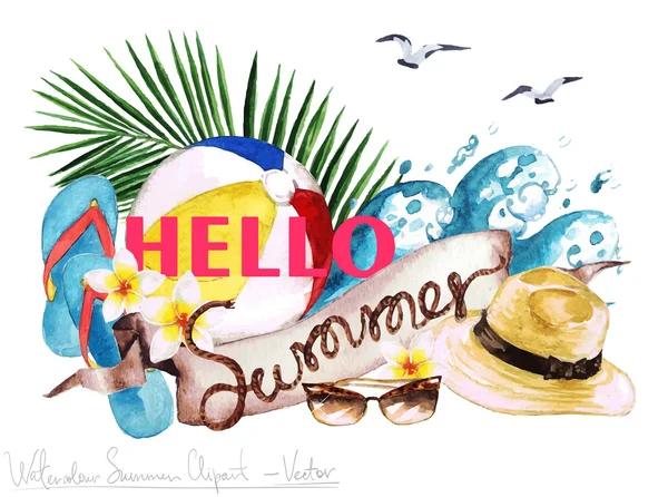 Hello Summer - Vector Watercolor Clipart — Stock Vector