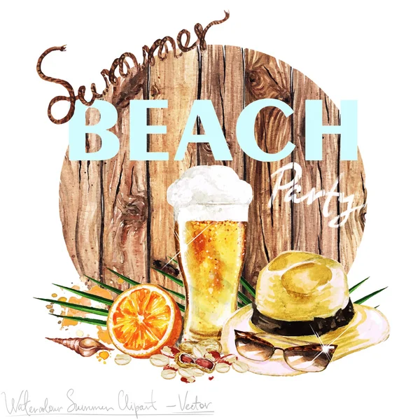 Summer Beach Party- Vector Watercolor Clipart — Stock Illustration Summer Beach Party- Vector Watercolor Clipart Vector Graphics