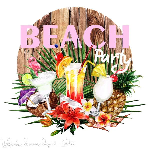 夏季海滩聚会-矢量水彩剪贴画 — 图库矢量图片