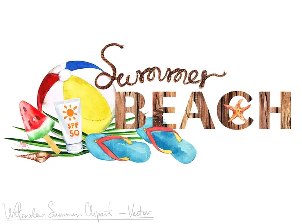 Summer Beach - Vector Watercolor Clipart — Stock Vector