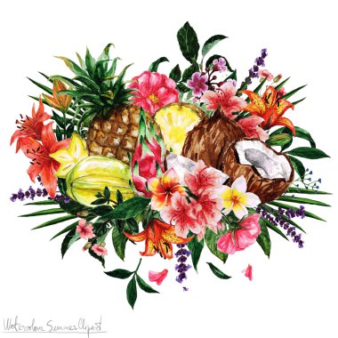 Suluboya yaz Clipart - tropikal meyve ve çiçekler