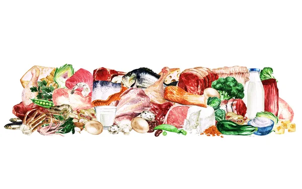 Akvarell élelmiszer Clipart - egészséges kiegyensúlyozott táplálkozás - fehérje-csoport — Stock Fotó