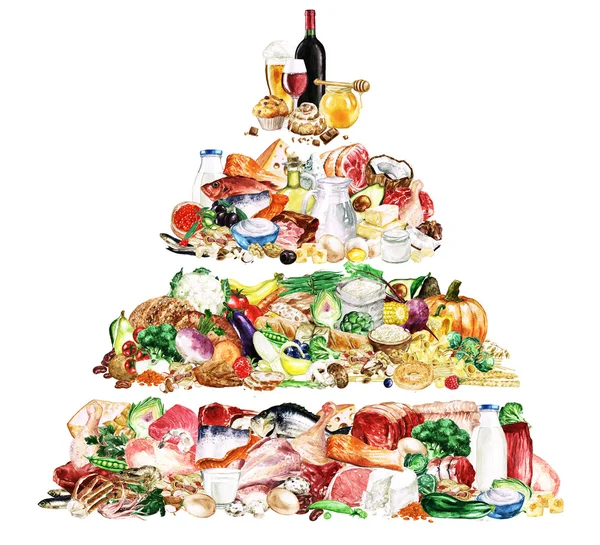 Aquarell Lebensmittel Clipart - gesunde, ausgewogene Ernährung - proteinreiche Nahrungsmittelpyramide — Stockfoto