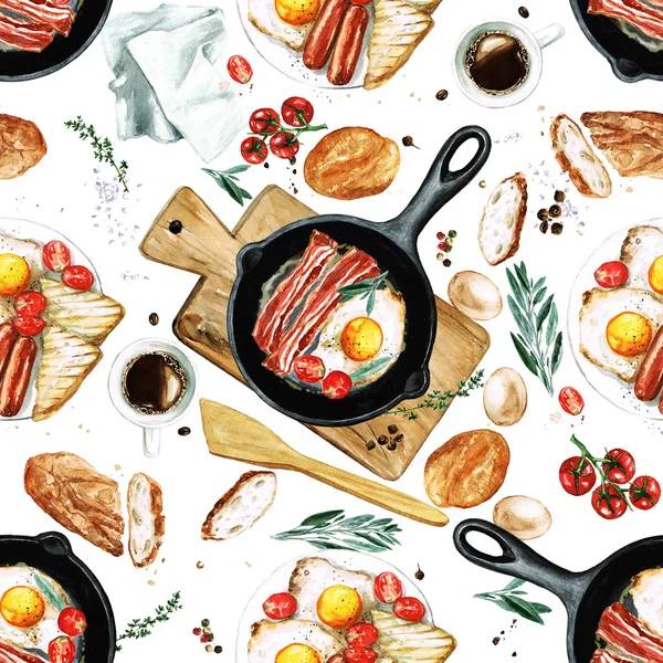 Watercolor Seamless pattern - Breakfast — Stock Photo, Image