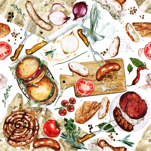 Watercolor Seamless pattern - Grilling — Stock Photo, Image