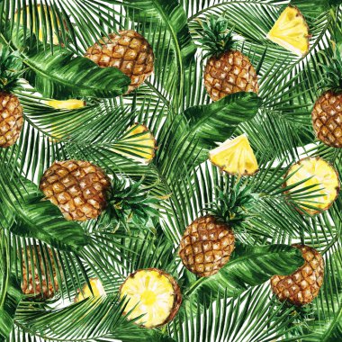 Sulu Boya Dikişsiz desen - ananas ile tropikal arka plan