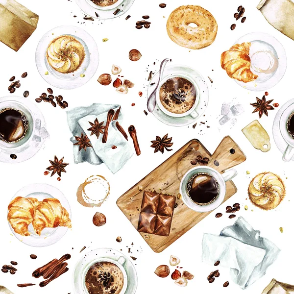 Watercolor Seamless pattern - Morning Coffee — Stock Photo, Image