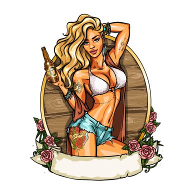 Parti kız bikini ile bira şişesi. Etiket.