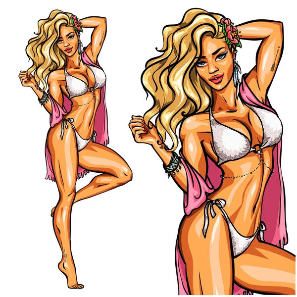 Fiesta chica en bikini aislado en blanco . — Vector de stock