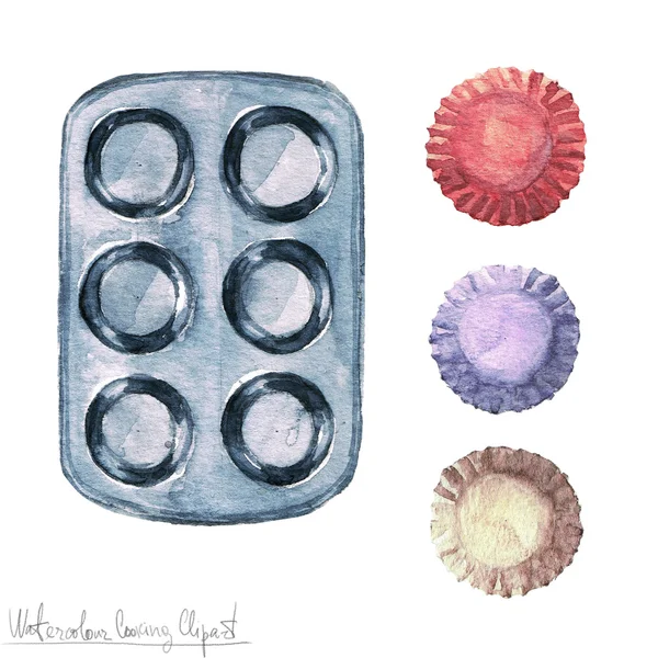 Akvarell konyhai Clipart - Muffin pan — Stock Fotó