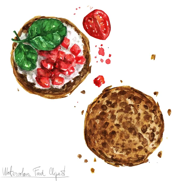 Akvarell élelmiszer Clipart - Snack, Bruschetta — Stock Fotó