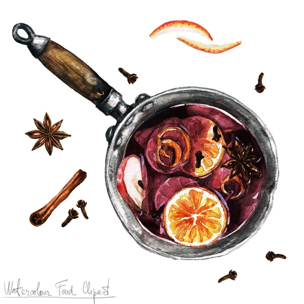 Akvarelu potravin kliparty - svařené víno — Stock fotografie