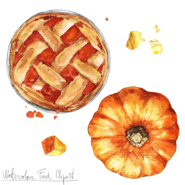 Akvarelu potravin kliparty - dýňový koláč — Stock fotografie