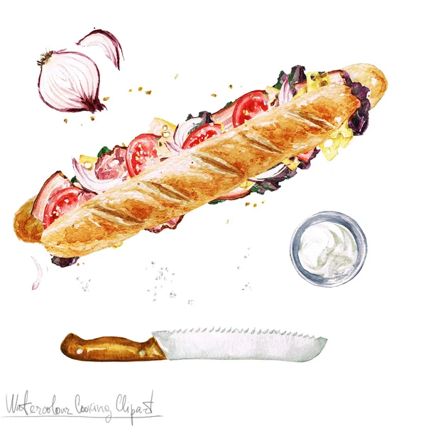 Akvarell mat Clipart - ubåt smörgås — Stockfoto